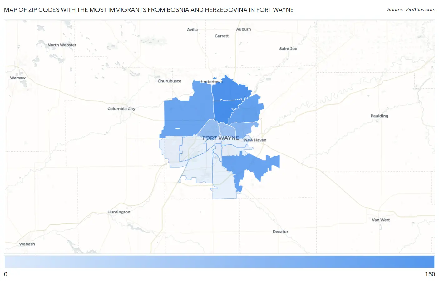 Zip Codes with the Most Immigrants from Bosnia and Herzegovina in Fort Wayne Map