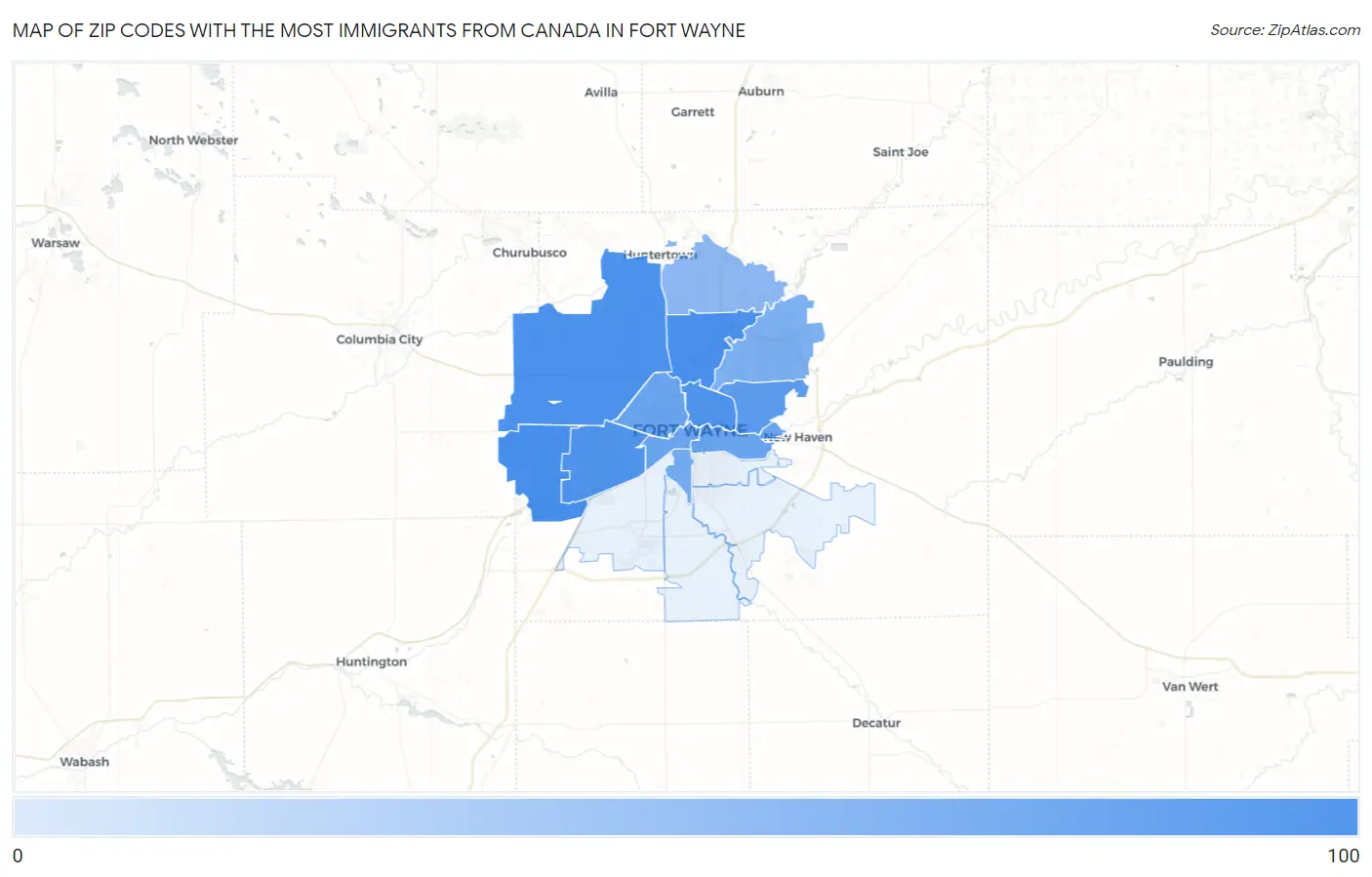 Zip Codes with the Most Immigrants from Canada in Fort Wayne Map