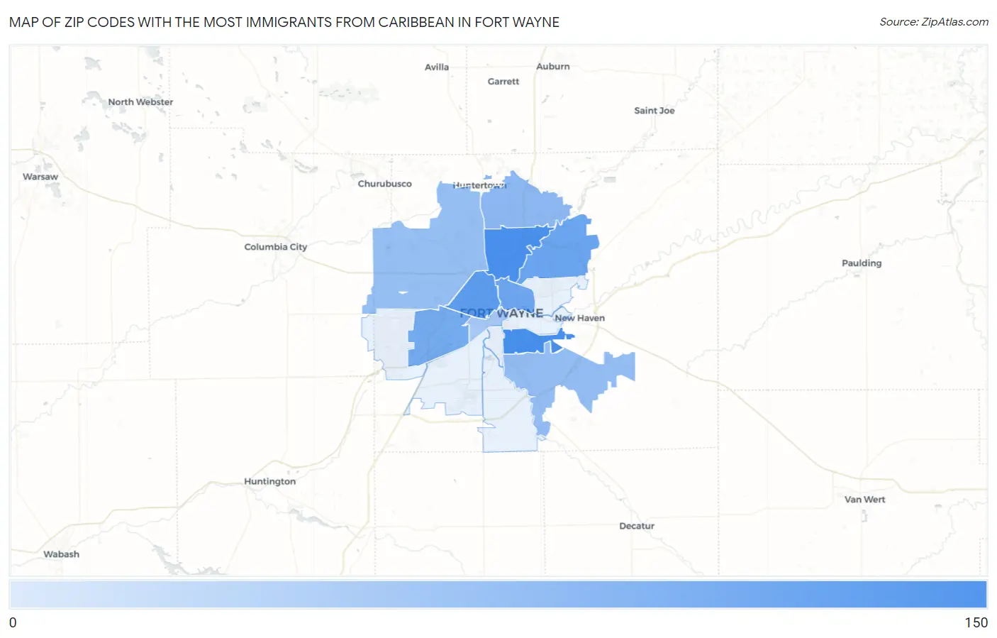 Zip Codes with the Most Immigrants from Caribbean in Fort Wayne Map