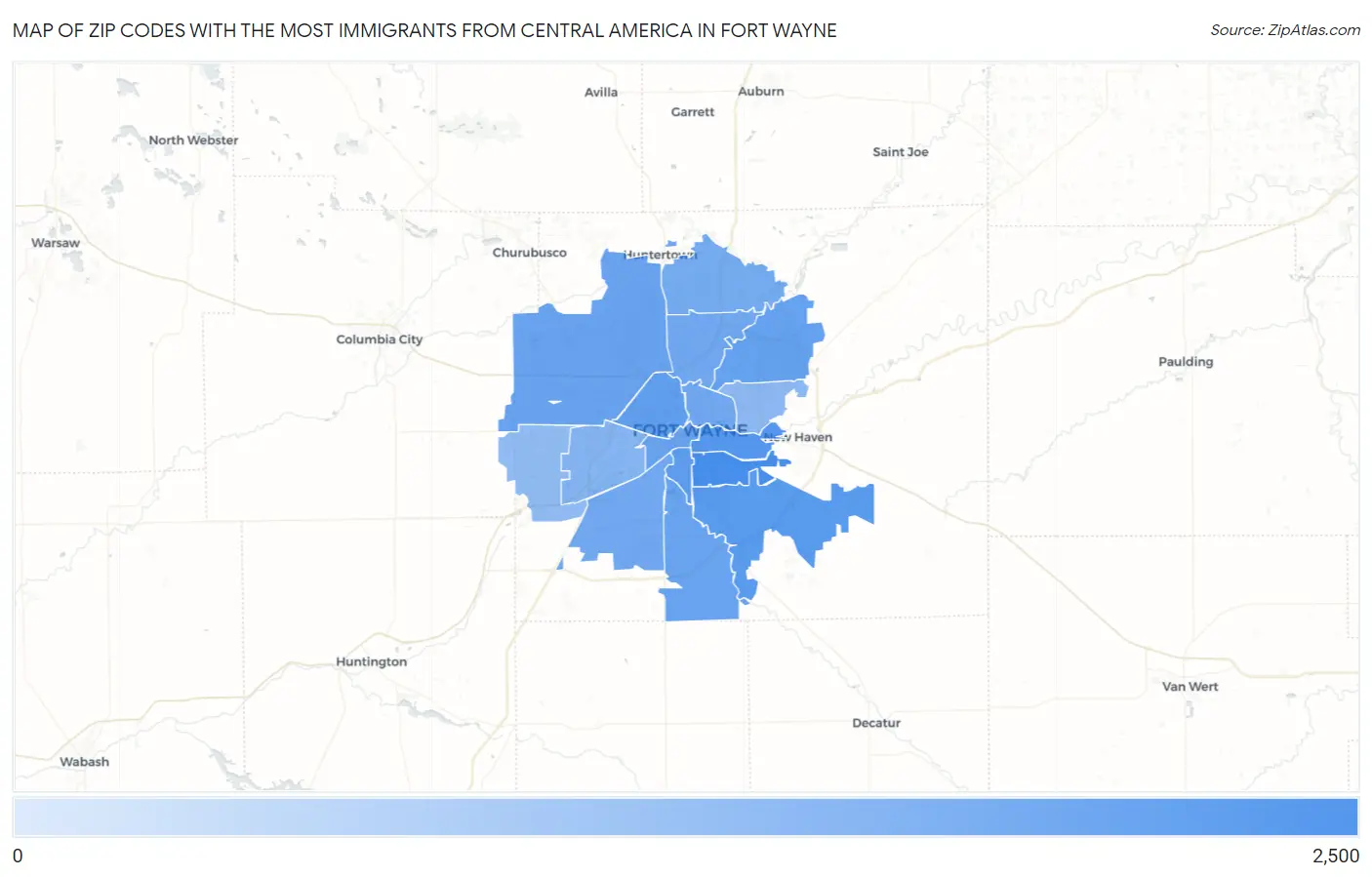 Zip Codes with the Most Immigrants from Central America in Fort Wayne Map
