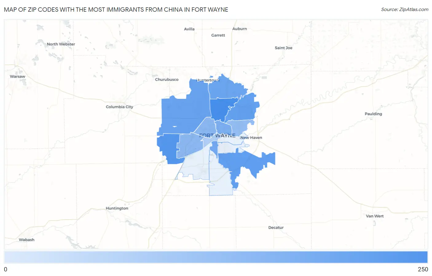 Zip Codes with the Most Immigrants from China in Fort Wayne Map