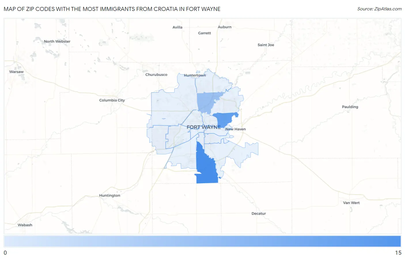 Zip Codes with the Most Immigrants from Croatia in Fort Wayne Map