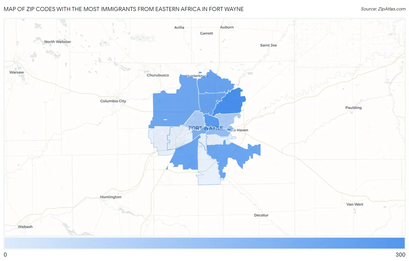 Zip Codes with the Most Immigrants from Eastern Africa in Fort Wayne Map