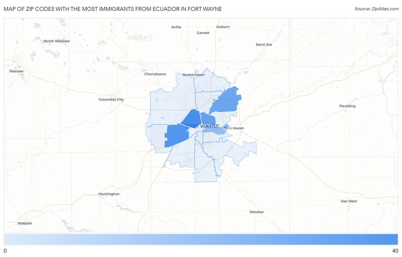 Zip Codes with the Most Immigrants from Ecuador in Fort Wayne Map