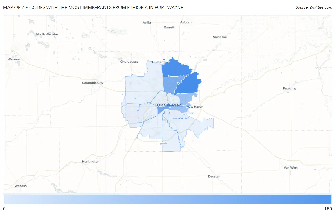 Zip Codes with the Most Immigrants from Ethiopia in Fort Wayne Map