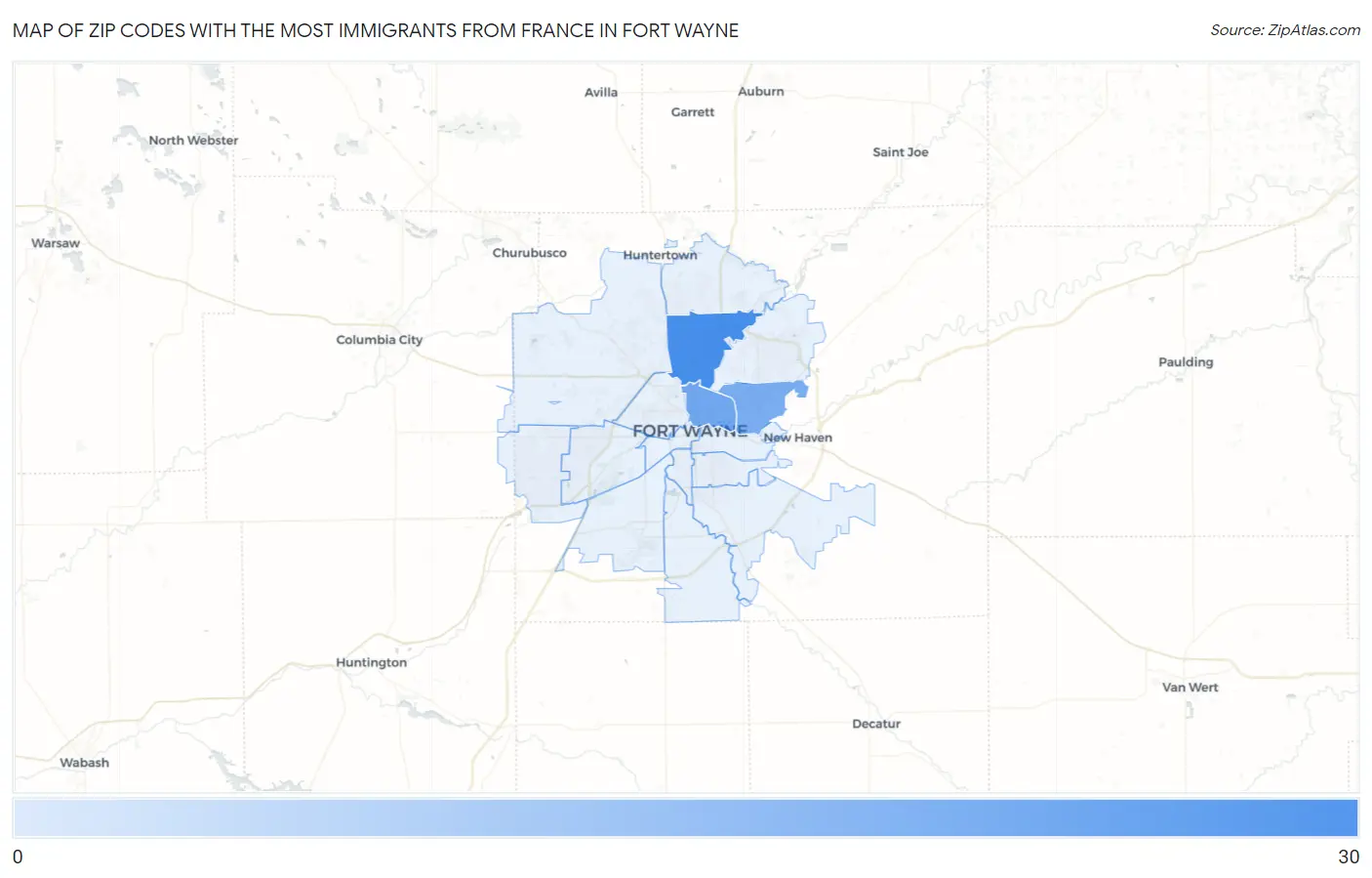 Zip Codes with the Most Immigrants from France in Fort Wayne Map