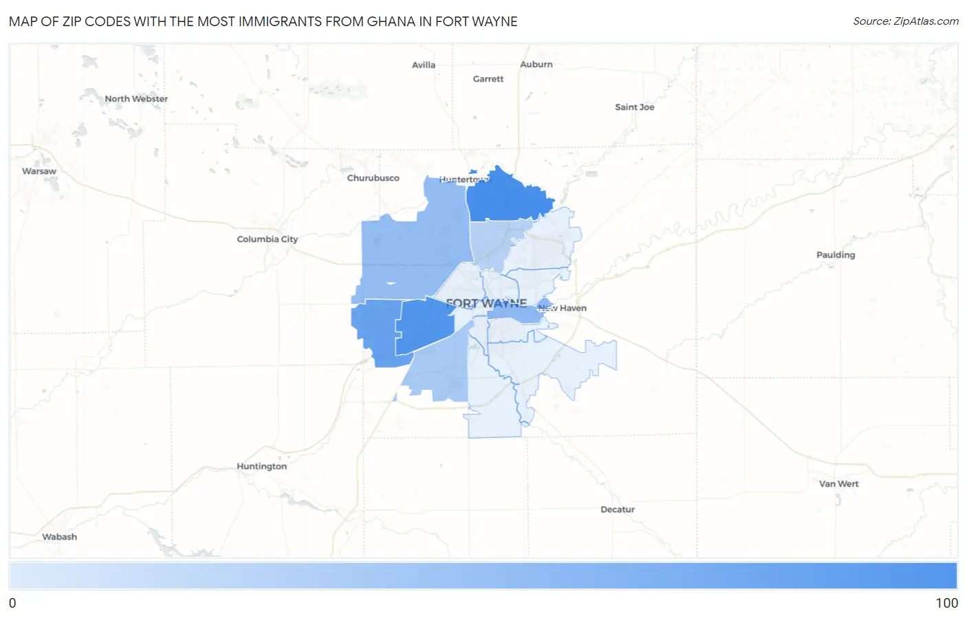 Zip Codes with the Most Immigrants from Ghana in Fort Wayne Map