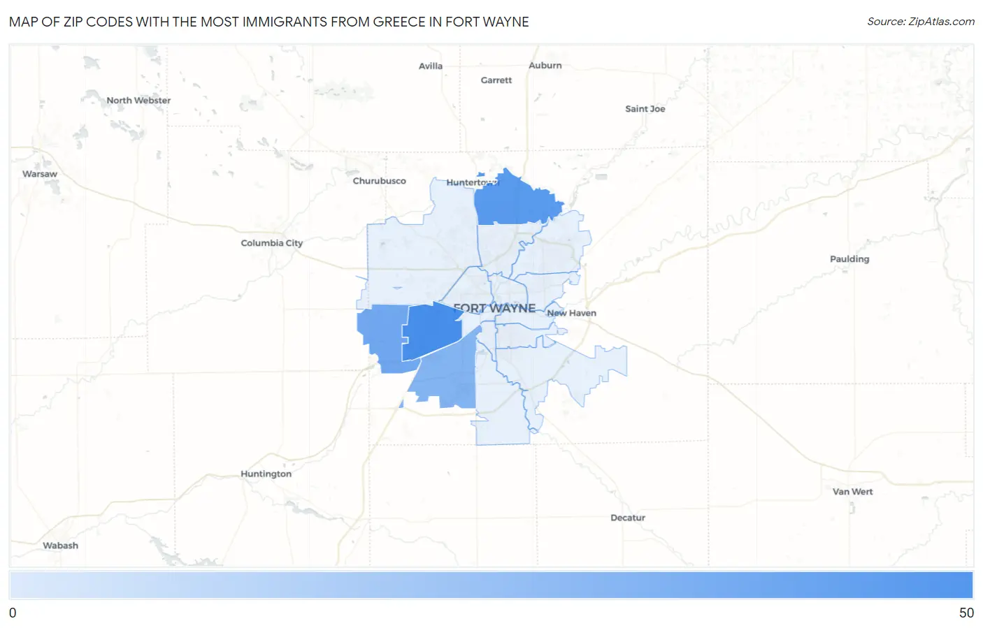 Zip Codes with the Most Immigrants from Greece in Fort Wayne Map