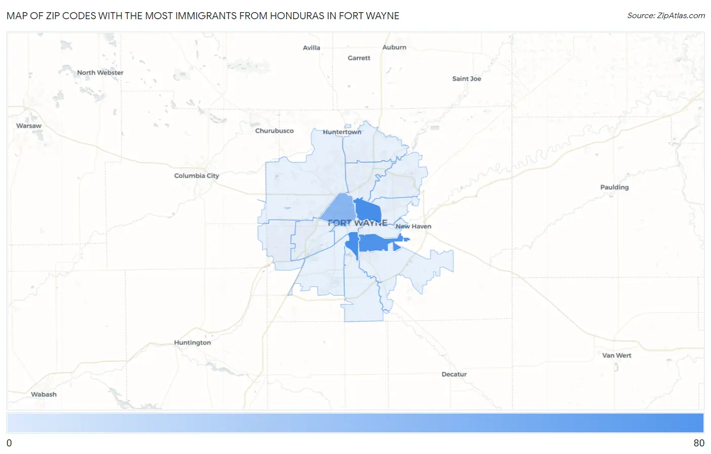Zip Codes with the Most Immigrants from Honduras in Fort Wayne Map