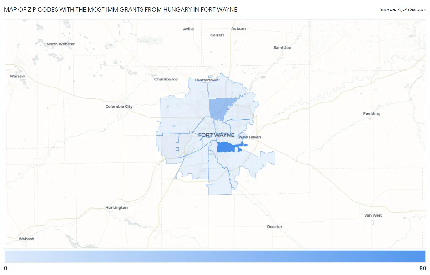 Zip Codes with the Most Immigrants from Hungary in Fort Wayne Map