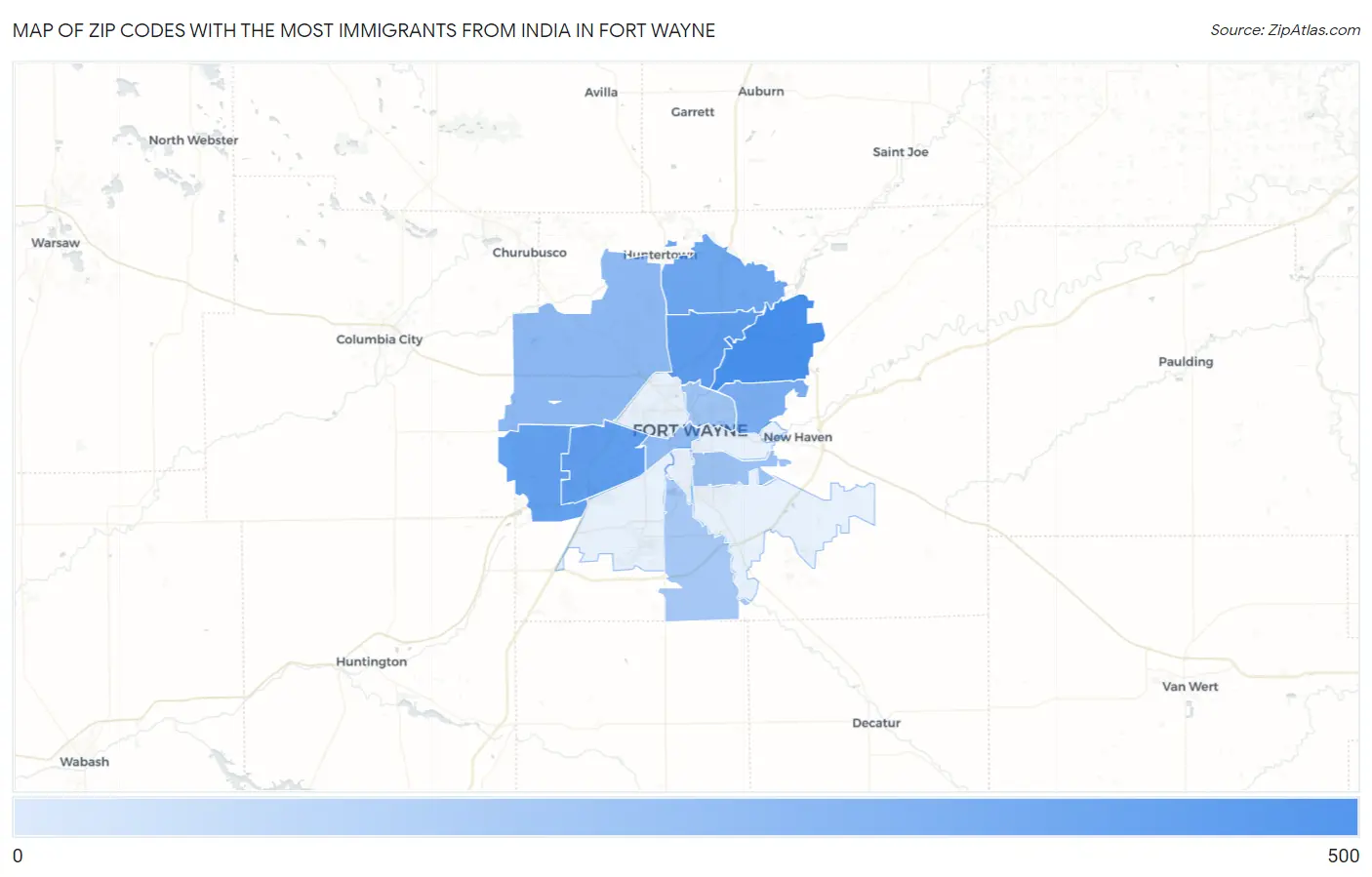 Zip Codes with the Most Immigrants from India in Fort Wayne Map