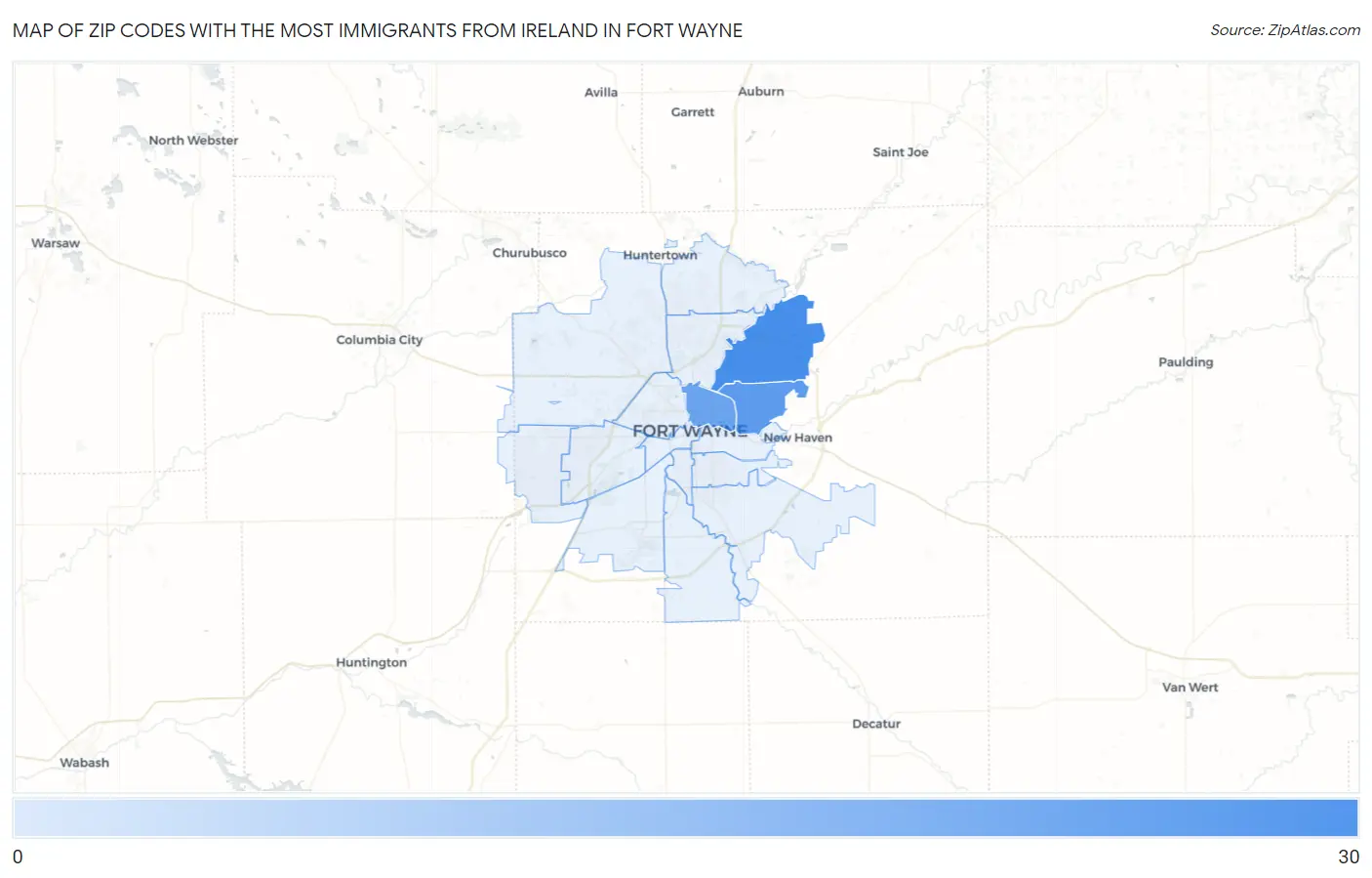 Zip Codes with the Most Immigrants from Ireland in Fort Wayne Map