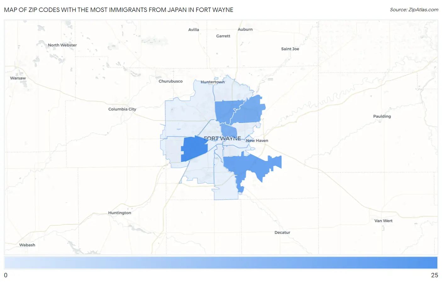 Zip Codes with the Most Immigrants from Japan in Fort Wayne Map