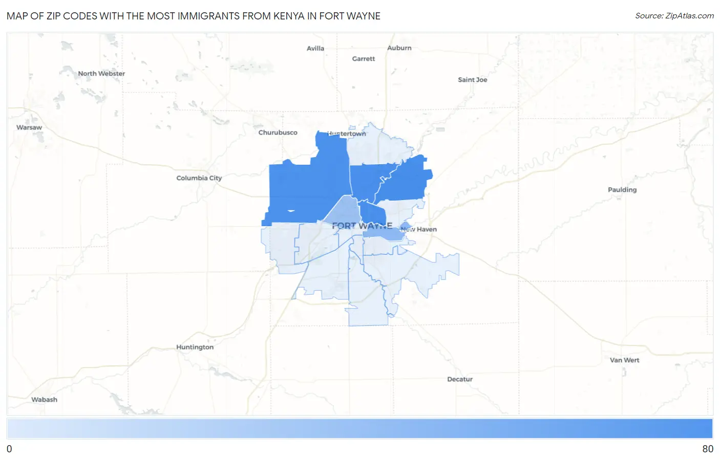 Zip Codes with the Most Immigrants from Kenya in Fort Wayne Map