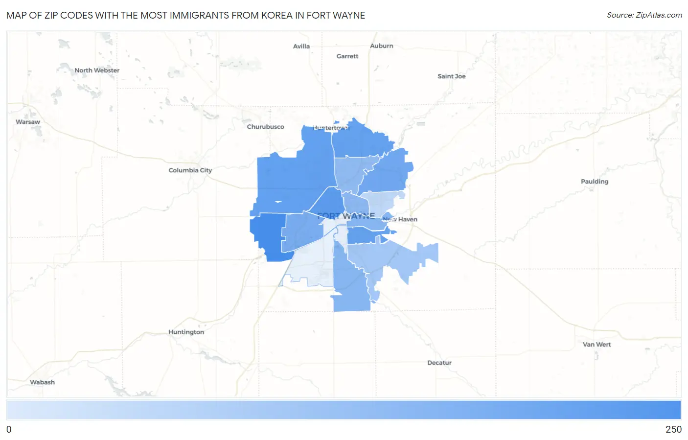 Zip Codes with the Most Immigrants from Korea in Fort Wayne Map