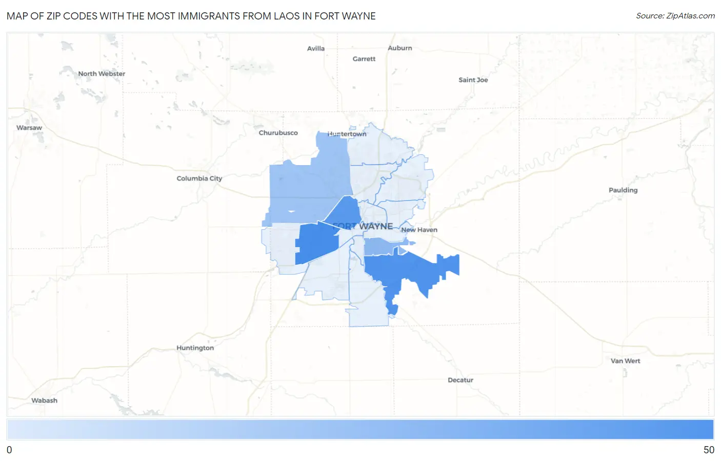 Zip Codes with the Most Immigrants from Laos in Fort Wayne Map