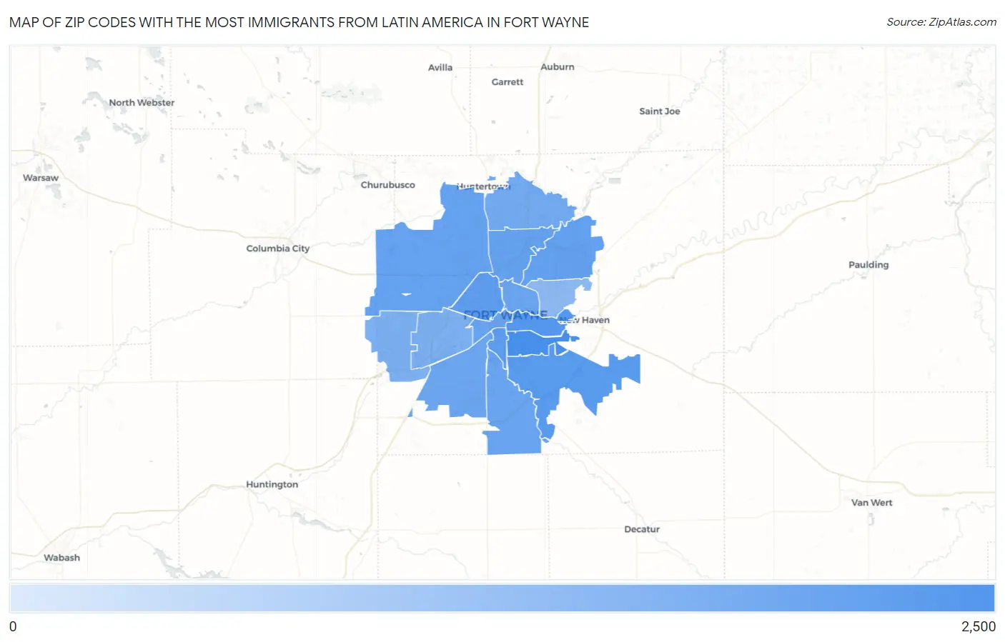 Zip Codes with the Most Immigrants from Latin America in Fort Wayne Map