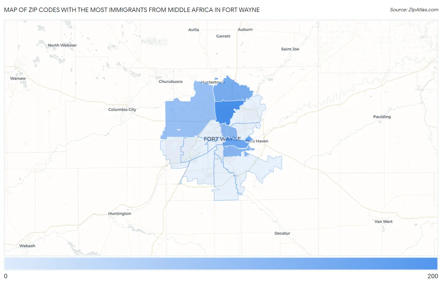 Zip Codes with the Most Immigrants from Middle Africa in Fort Wayne Map