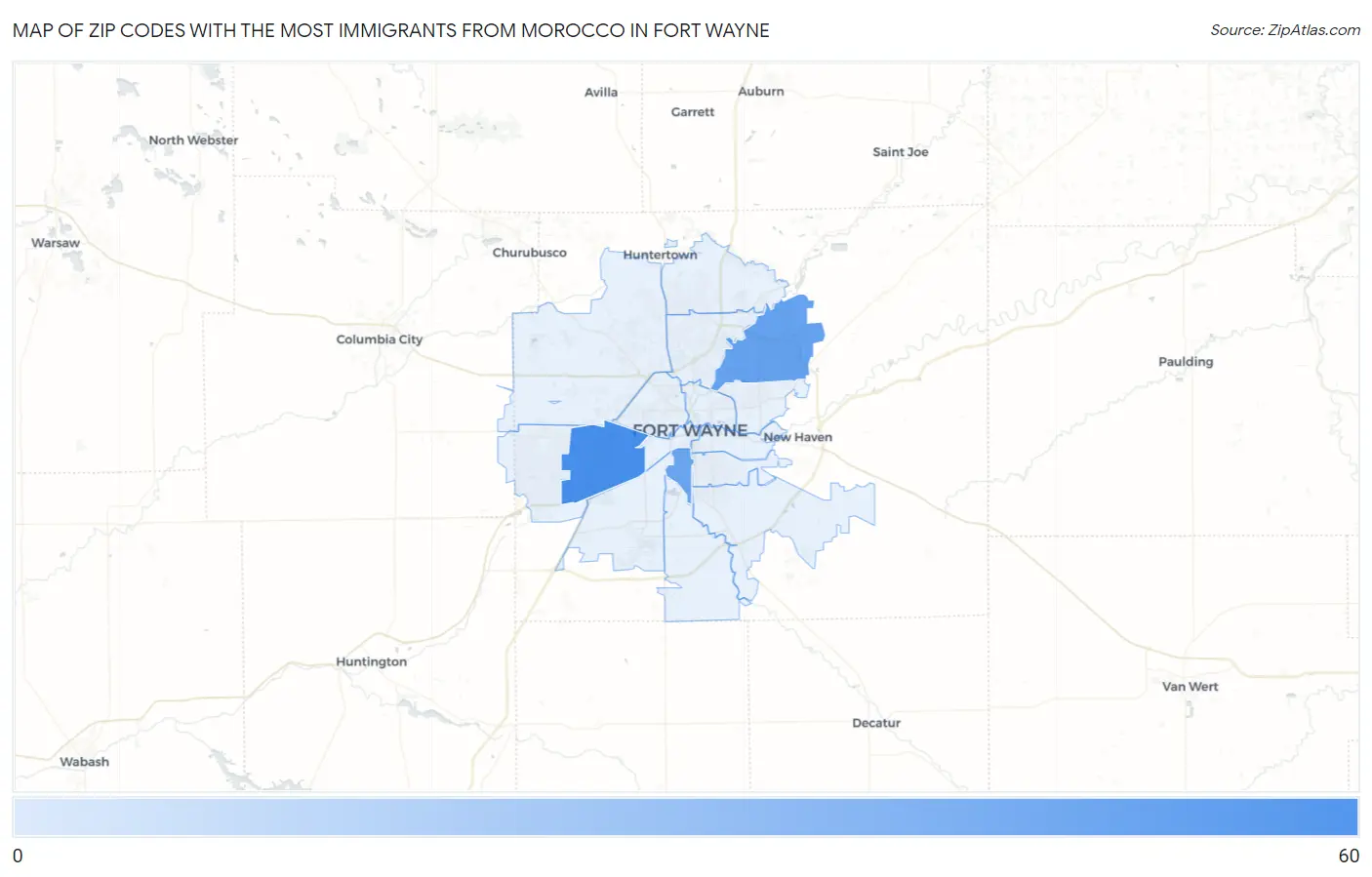 Zip Codes with the Most Immigrants from Morocco in Fort Wayne Map