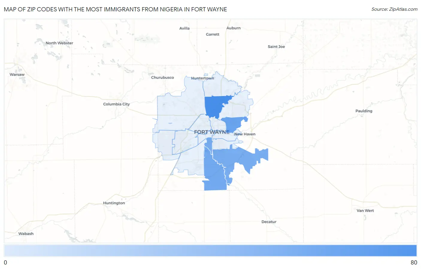 Zip Codes with the Most Immigrants from Nigeria in Fort Wayne Map