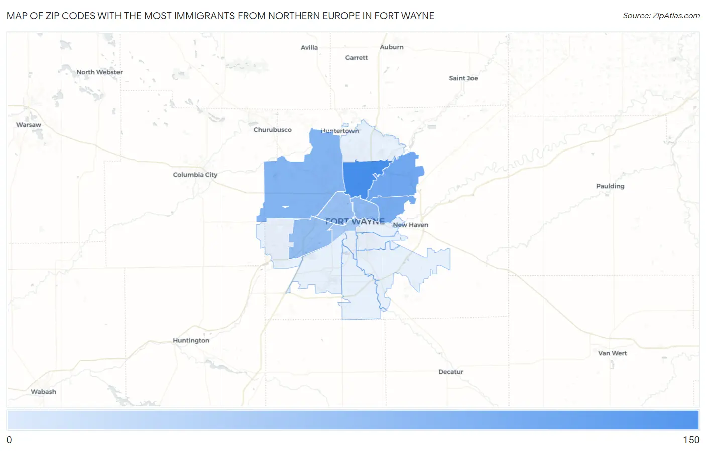 Zip Codes with the Most Immigrants from Northern Europe in Fort Wayne Map