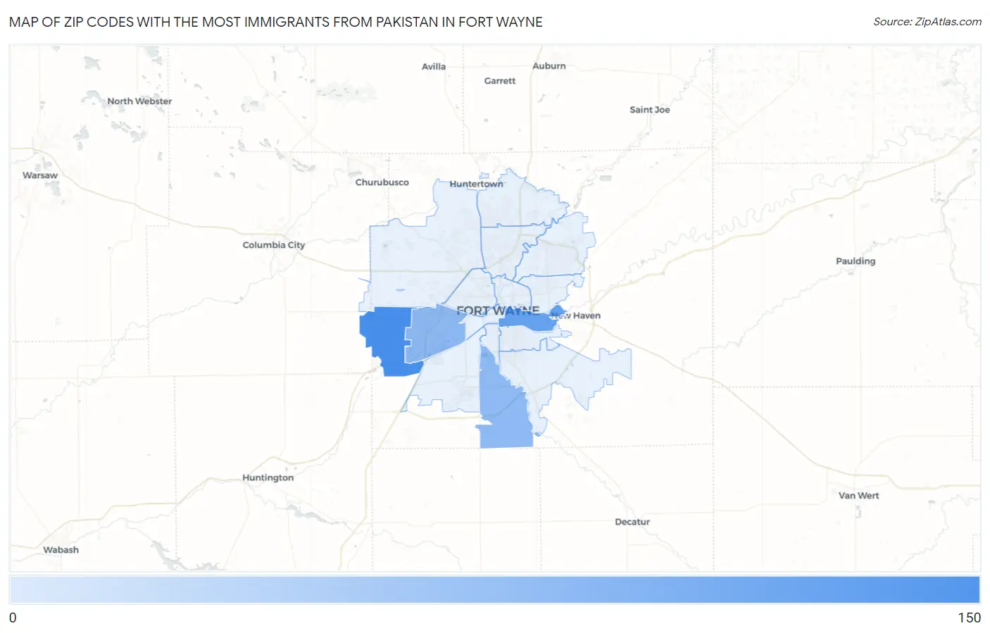 Zip Codes with the Most Immigrants from Pakistan in Fort Wayne Map