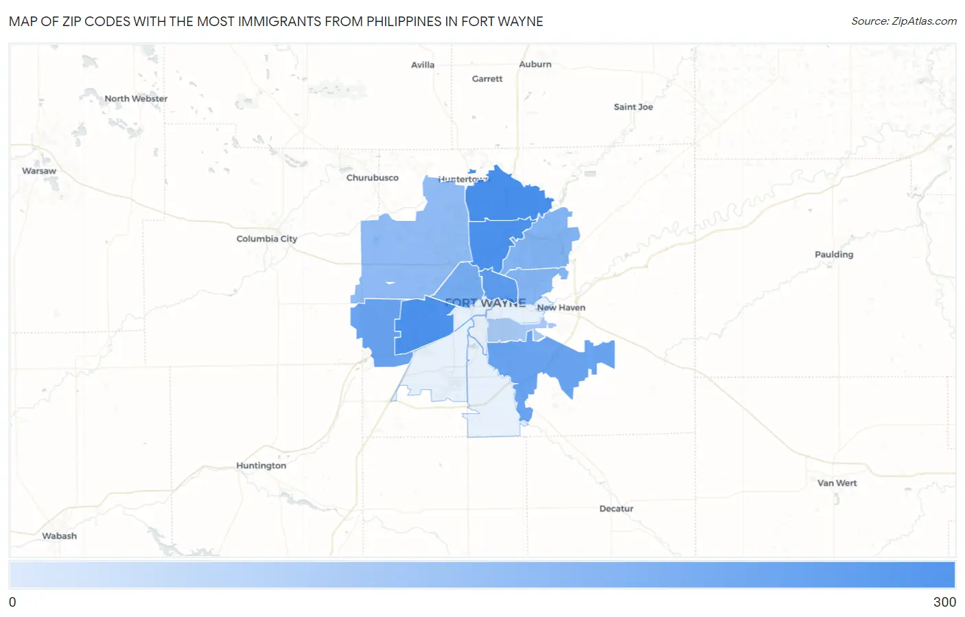 Zip Codes with the Most Immigrants from Philippines in Fort Wayne Map