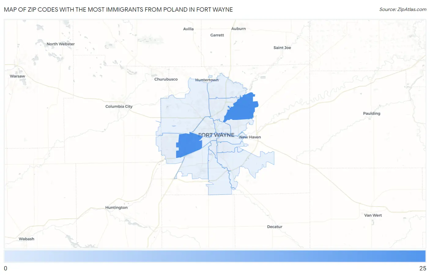 Zip Codes with the Most Immigrants from Poland in Fort Wayne Map