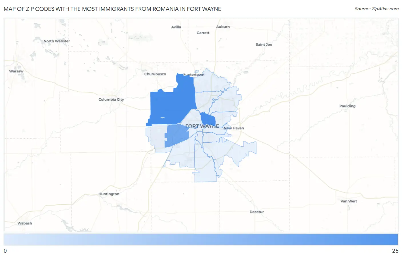 Zip Codes with the Most Immigrants from Romania in Fort Wayne Map