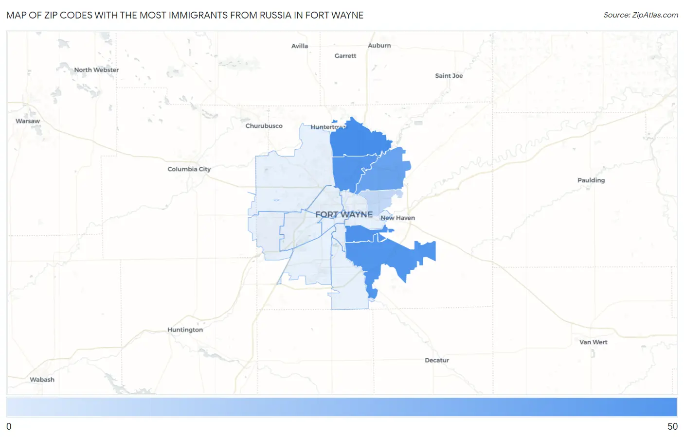 Zip Codes with the Most Immigrants from Russia in Fort Wayne Map