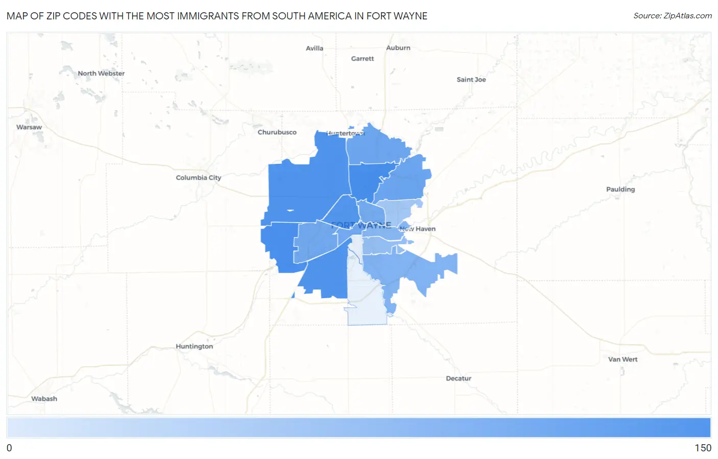 Zip Codes with the Most Immigrants from South America in Fort Wayne Map