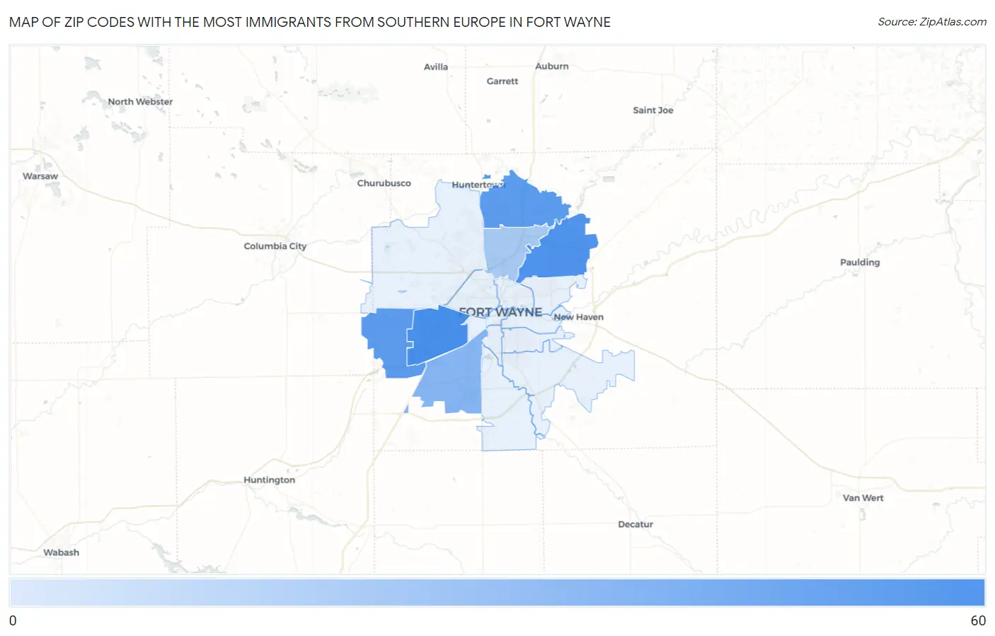 Zip Codes with the Most Immigrants from Southern Europe in Fort Wayne Map