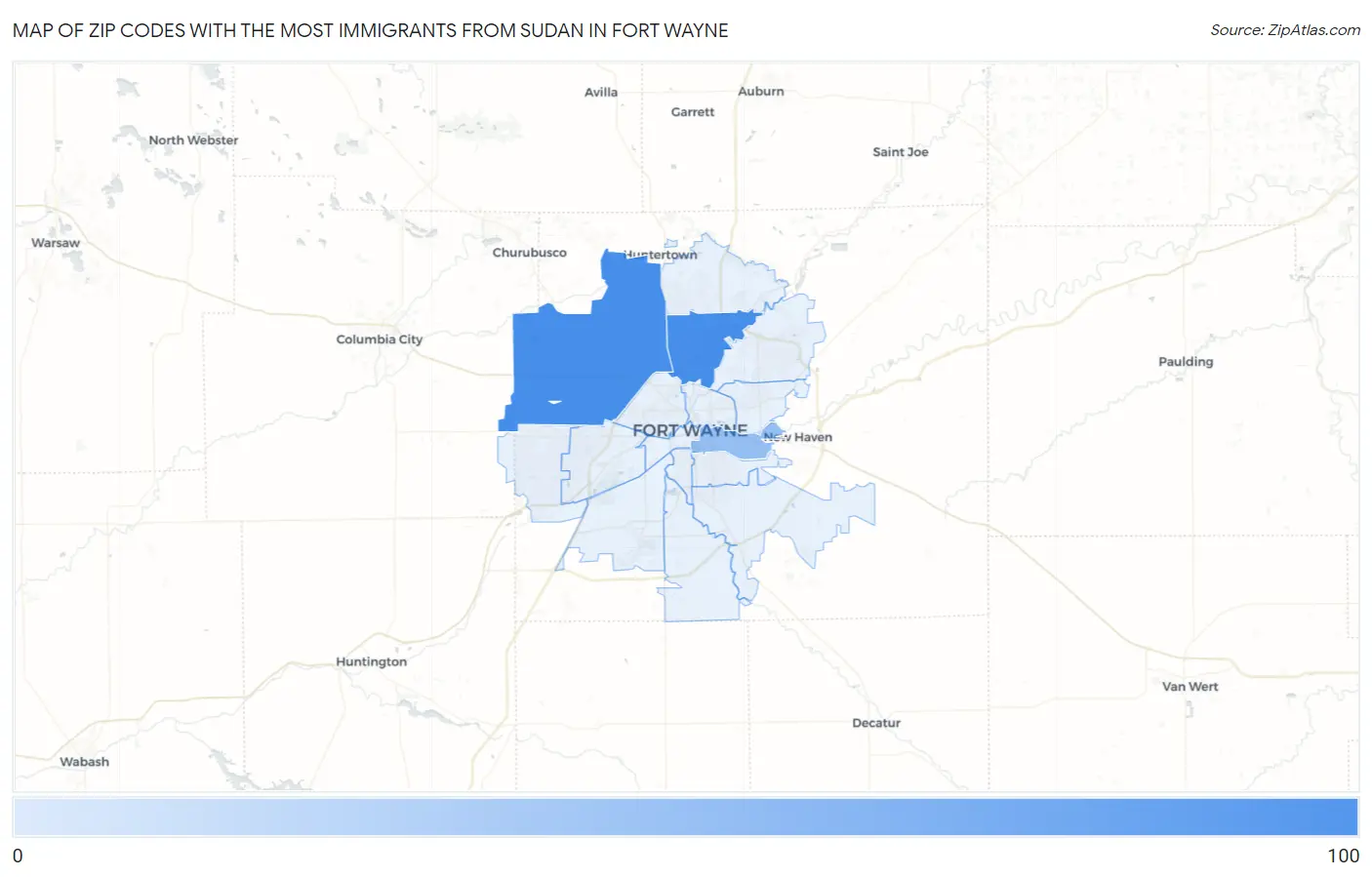 Zip Codes with the Most Immigrants from Sudan in Fort Wayne Map