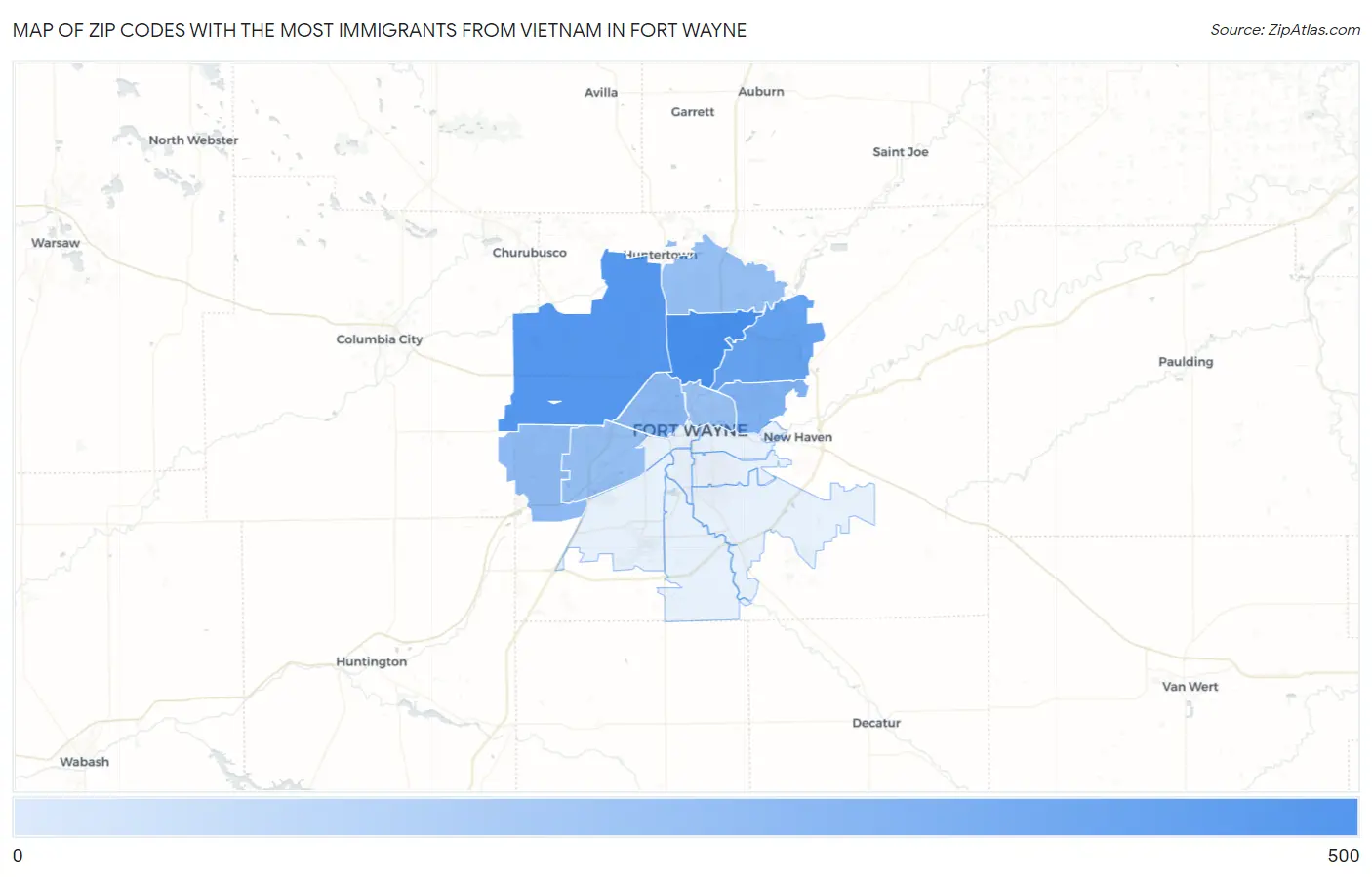 Zip Codes with the Most Immigrants from Vietnam in Fort Wayne Map