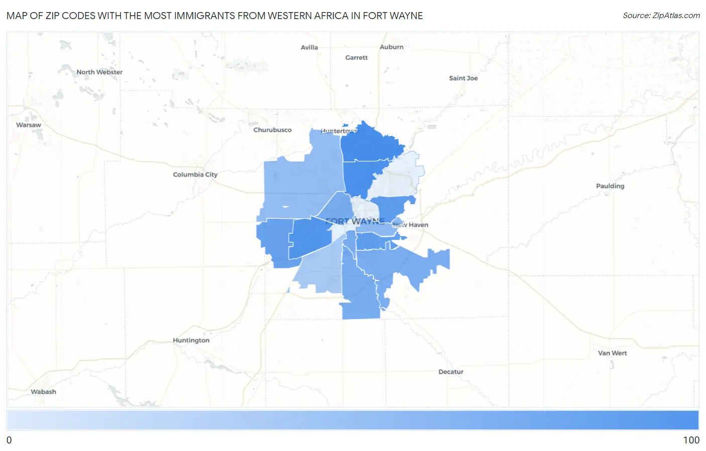 Zip Codes with the Most Immigrants from Western Africa in Fort Wayne Map