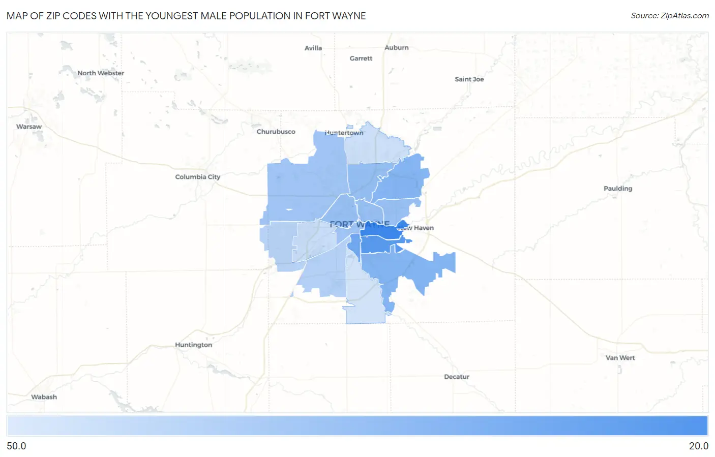 Zip Codes with the Youngest Male Population in Fort Wayne Map