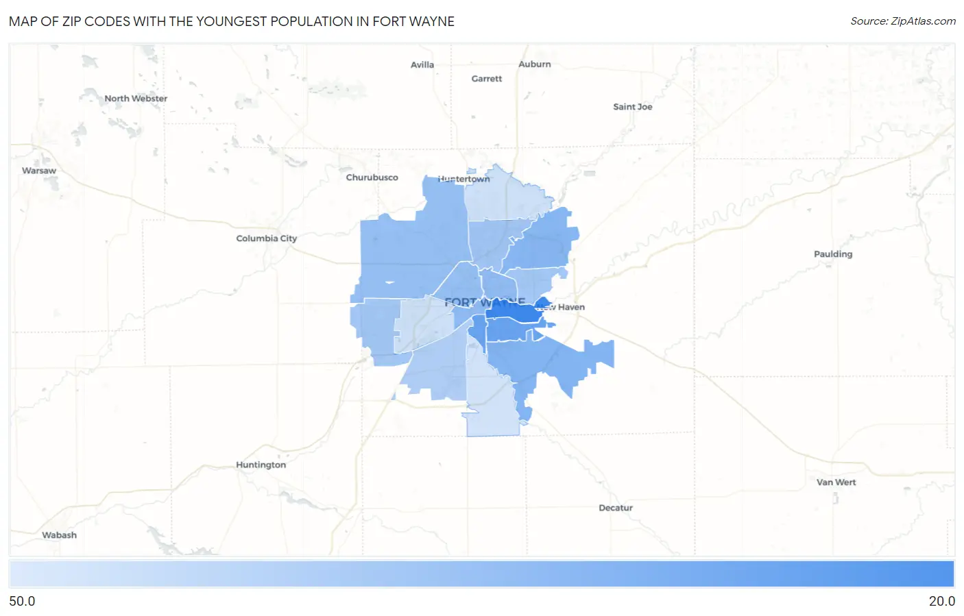 Zip Codes with the Youngest Population in Fort Wayne Map