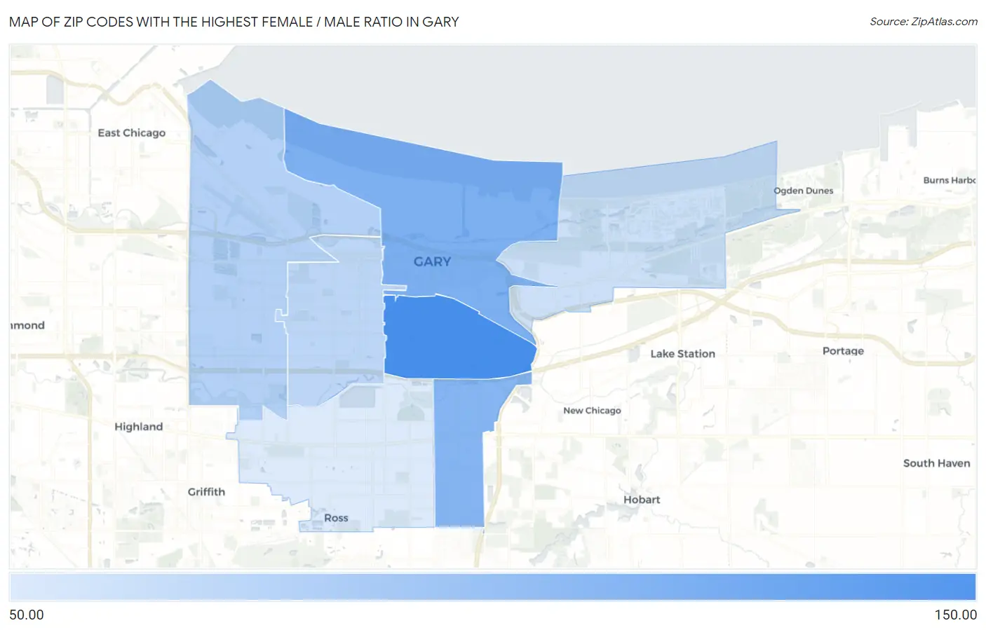 Zip Codes with the Highest Female / Male Ratio in Gary Map