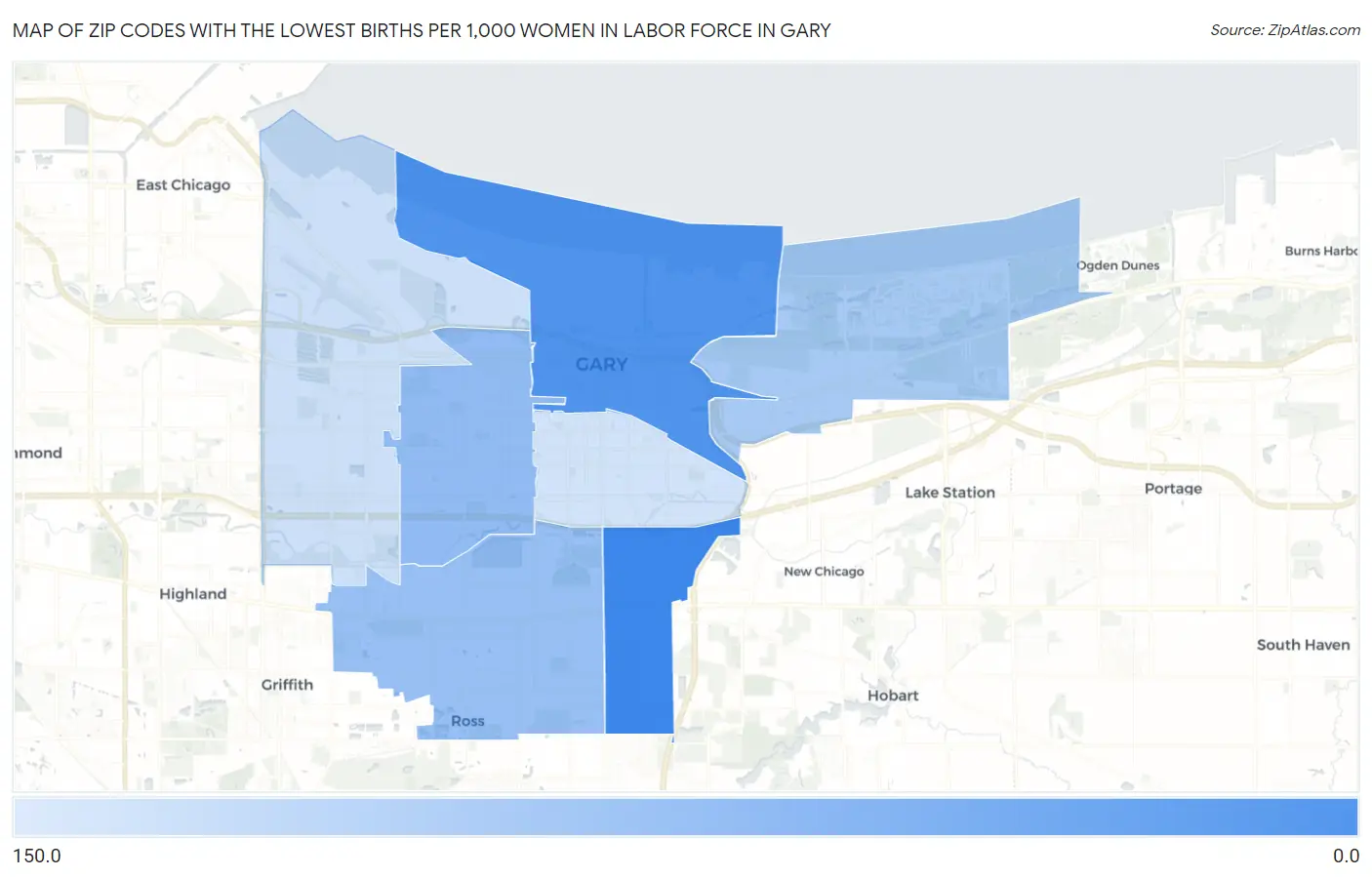 Zip Codes with the Lowest Births per 1,000 Women in Labor Force in Gary Map