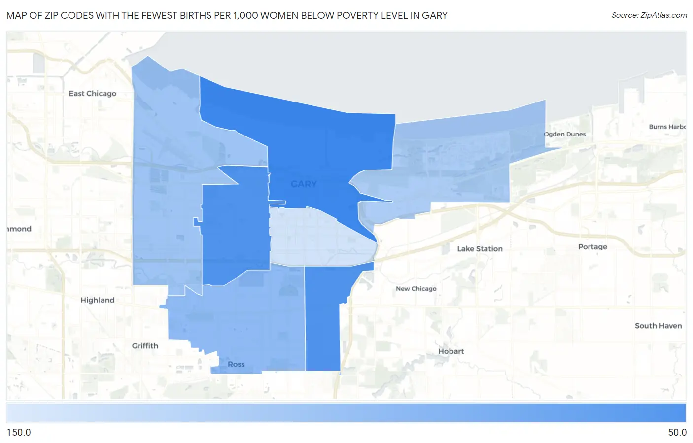 Zip Codes with the Fewest Births per 1,000 Women Below Poverty Level in Gary Map