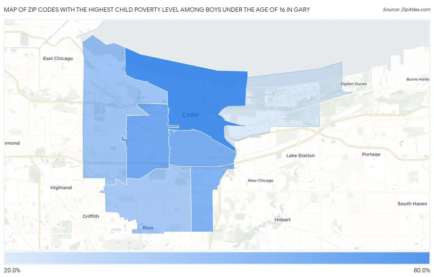 Zip Codes with the Highest Child Poverty Level Among Boys Under the Age of 16 in Gary Map
