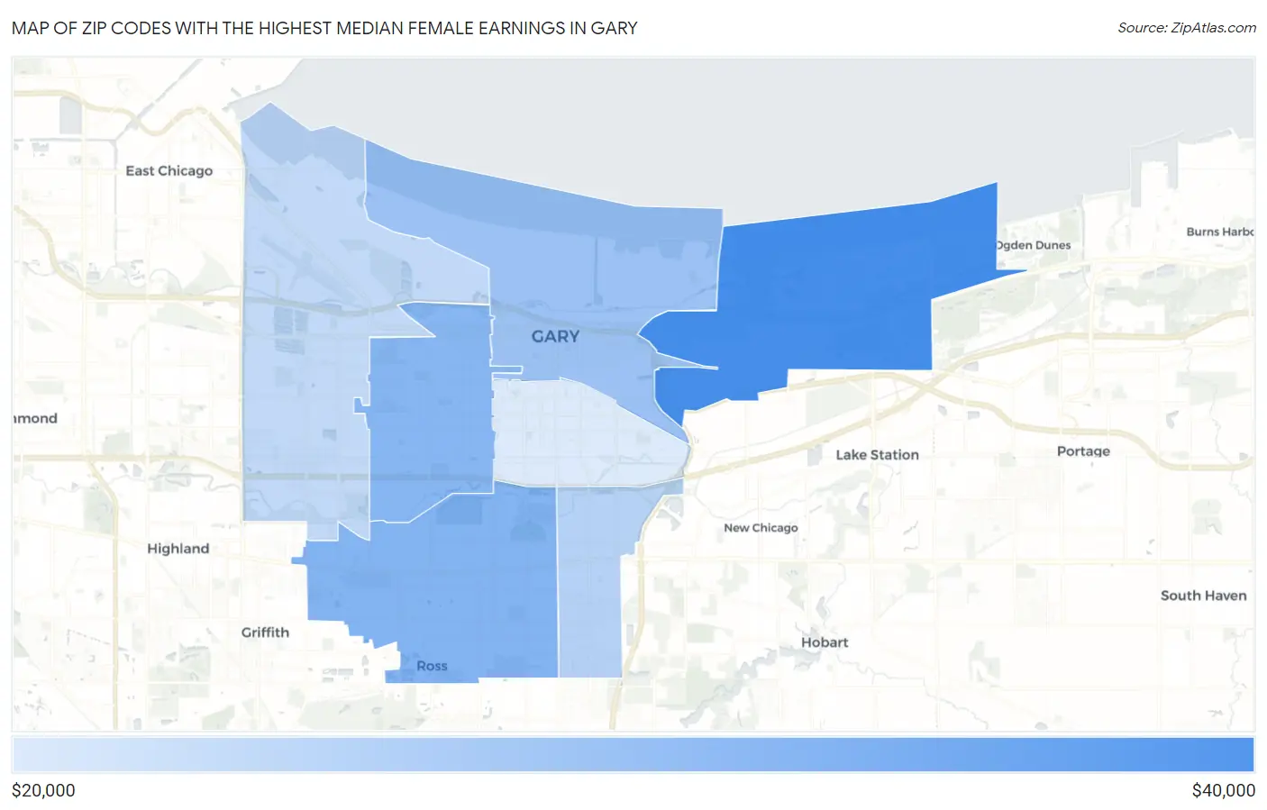 Zip Codes with the Highest Median Female Earnings in Gary Map