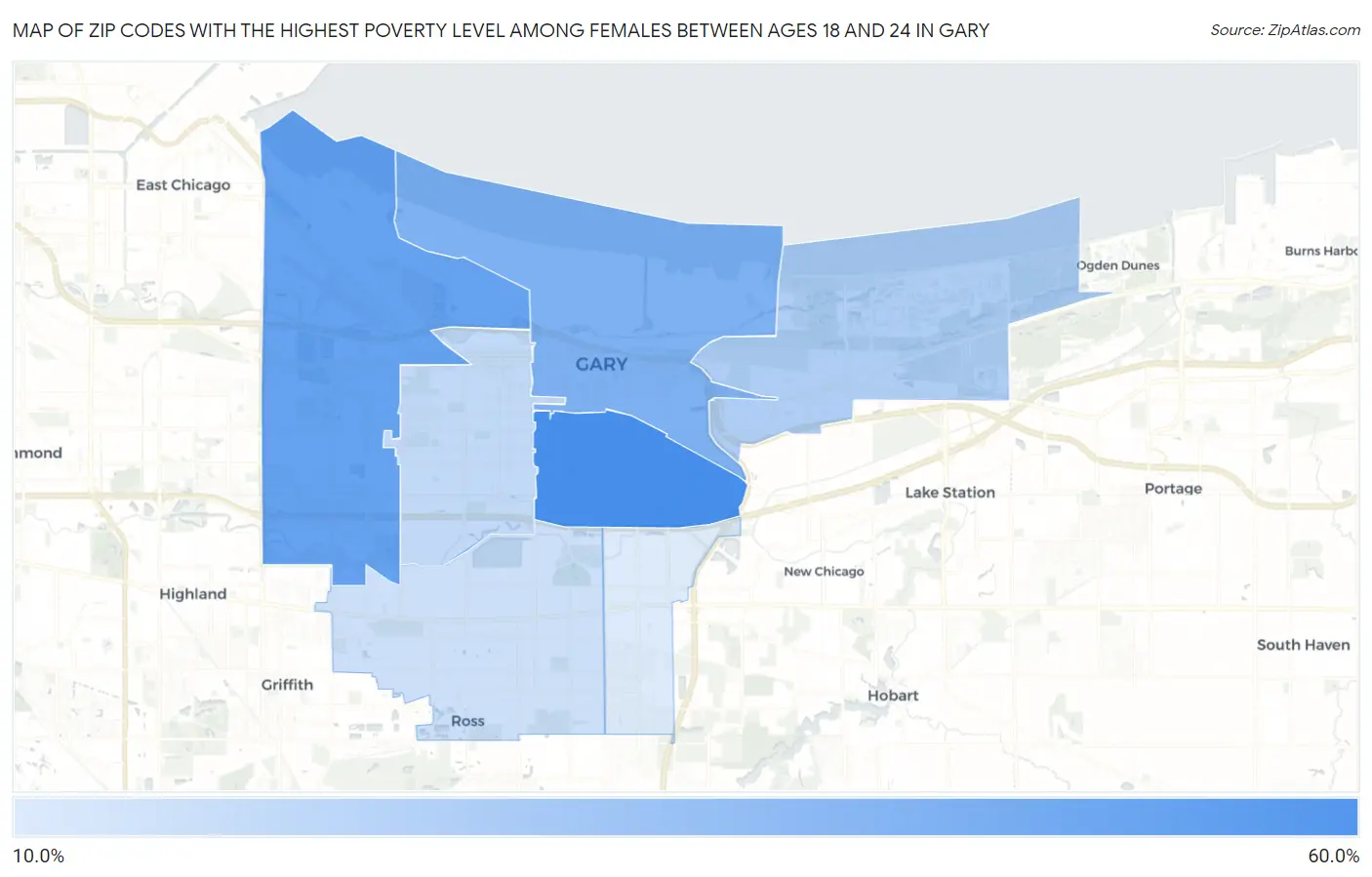 Zip Codes with the Highest Poverty Level Among Females Between Ages 18 and 24 in Gary Map