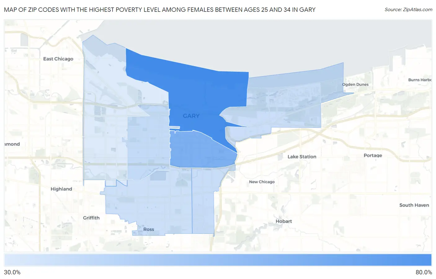Zip Codes with the Highest Poverty Level Among Females Between Ages 25 and 34 in Gary Map