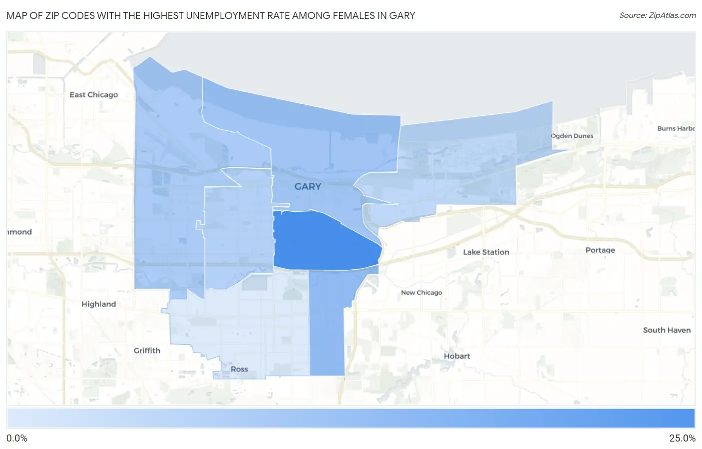 Zip Codes with the Highest Unemployment Rate Among Females in Gary Map