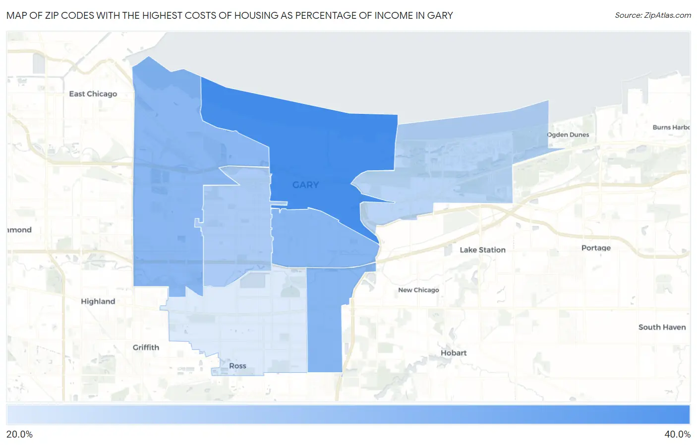 Zip Codes with the Highest Costs of Housing as Percentage of Income in Gary Map