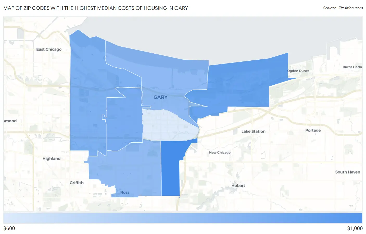 Zip Codes with the Highest Median Costs of Housing in Gary Map