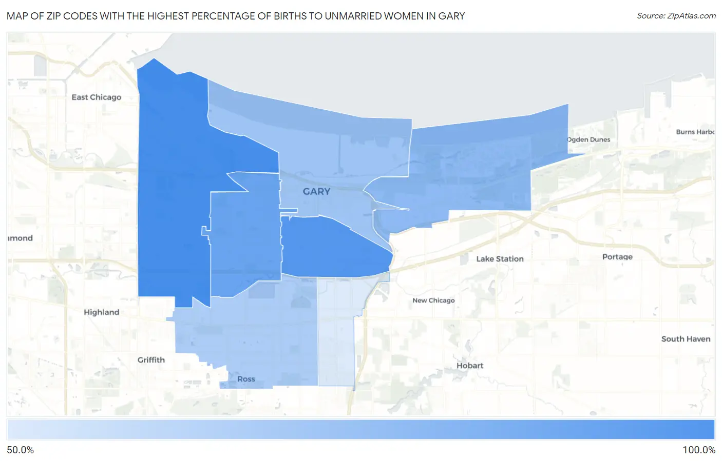 Zip Codes with the Highest Percentage of Births to Unmarried Women in Gary Map