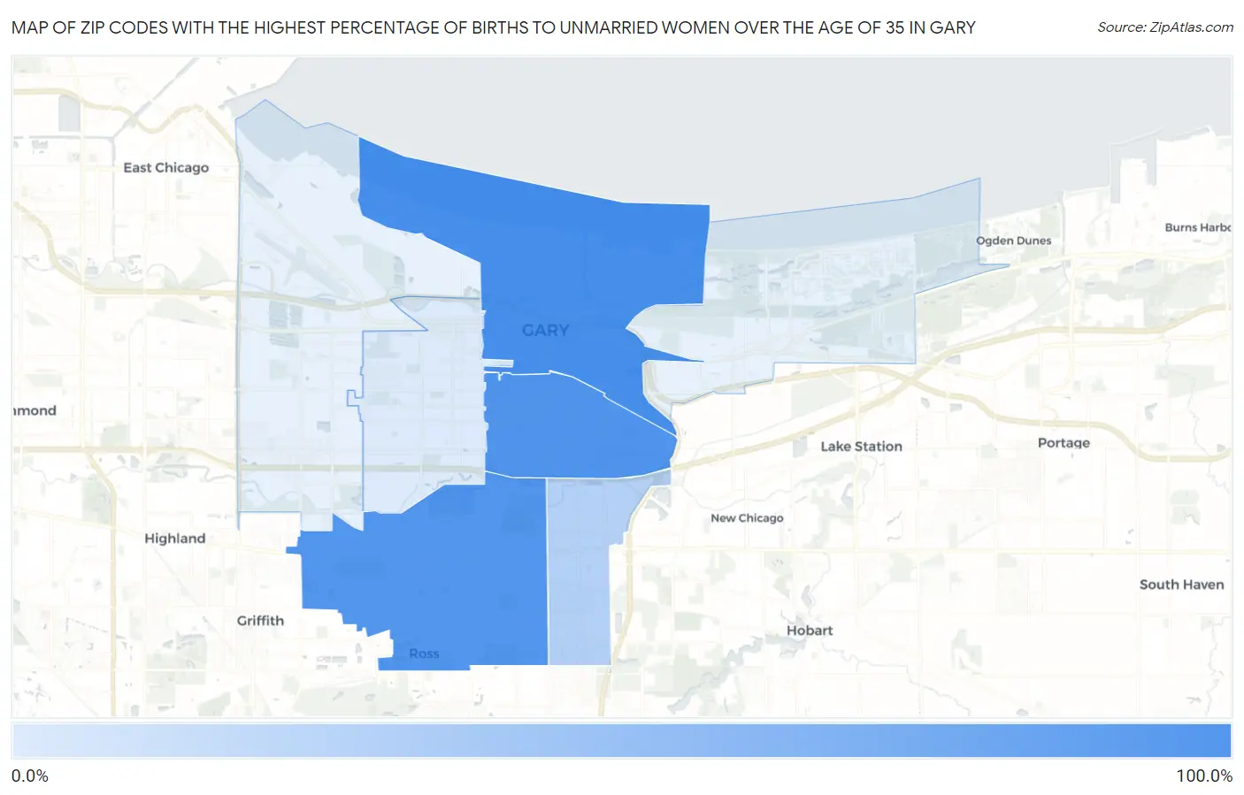 Zip Codes with the Highest Percentage of Births to Unmarried Women over the Age of 35 in Gary Map