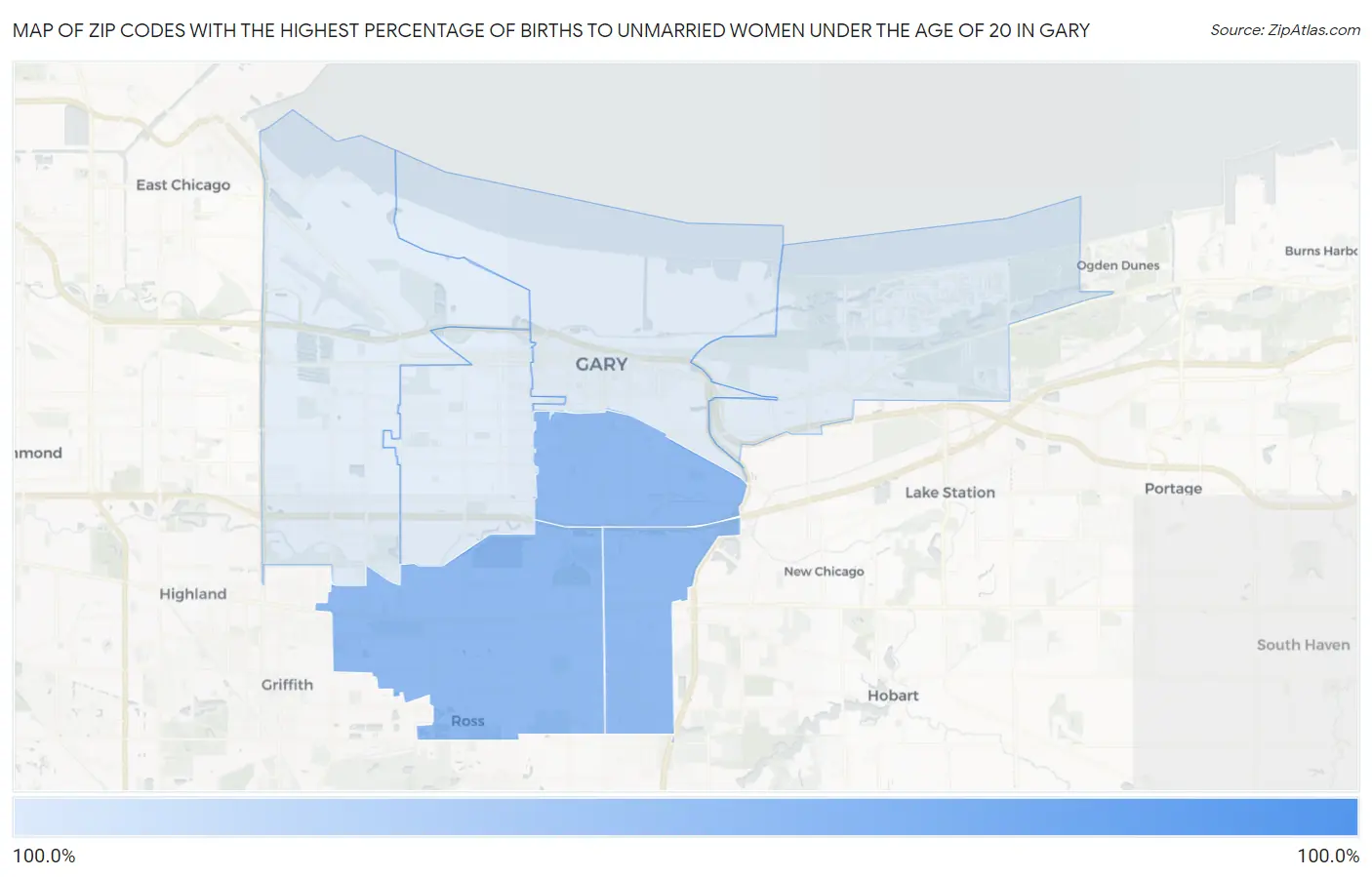 Zip Codes with the Highest Percentage of Births to Unmarried Women under the Age of 20 in Gary Map